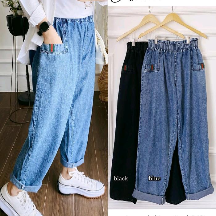 ATENA PANT JEANS JUMBO FIT XXXL LP MAKSIMAL 110 CM Celana Panjang Wanita Hitam Karet Cewek