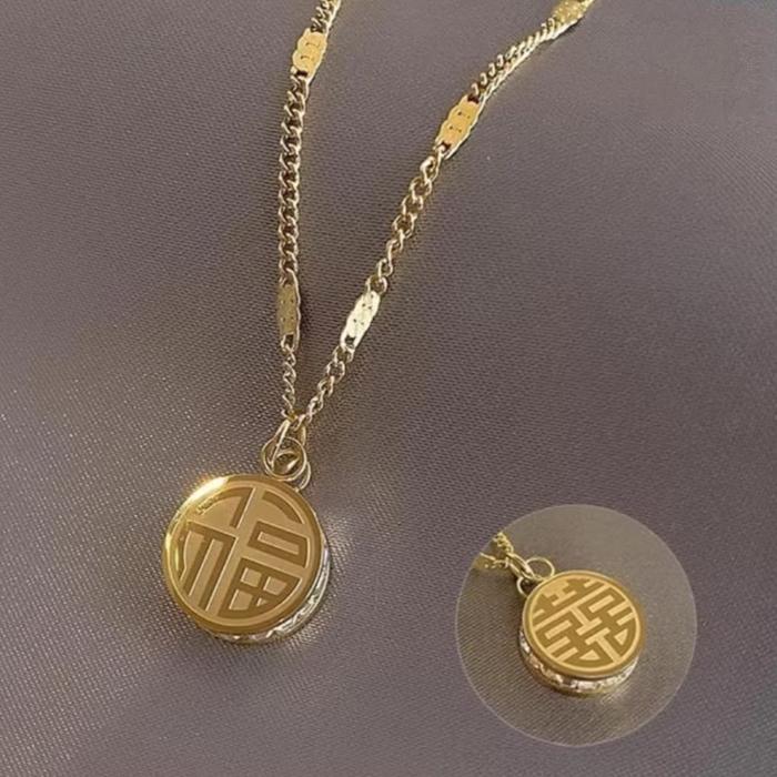 Kalung Titanium Model Liontin Koin China Keberuntungan Warna Gold Rantai Pipih Elegan dan Tahan Lama