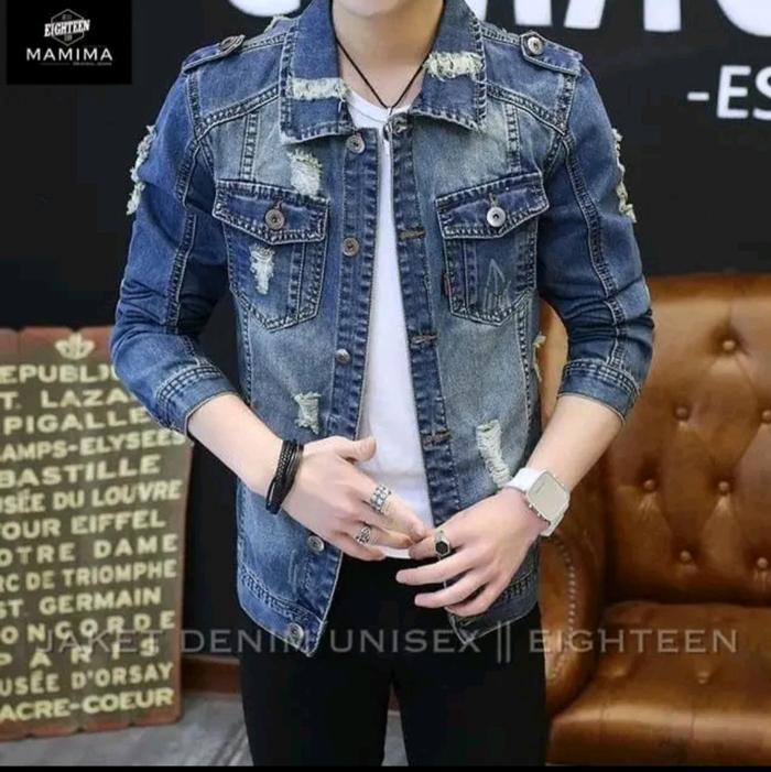 JAKET JEANS DENIM PREMIUM COWOK SOBEK BIOTIN