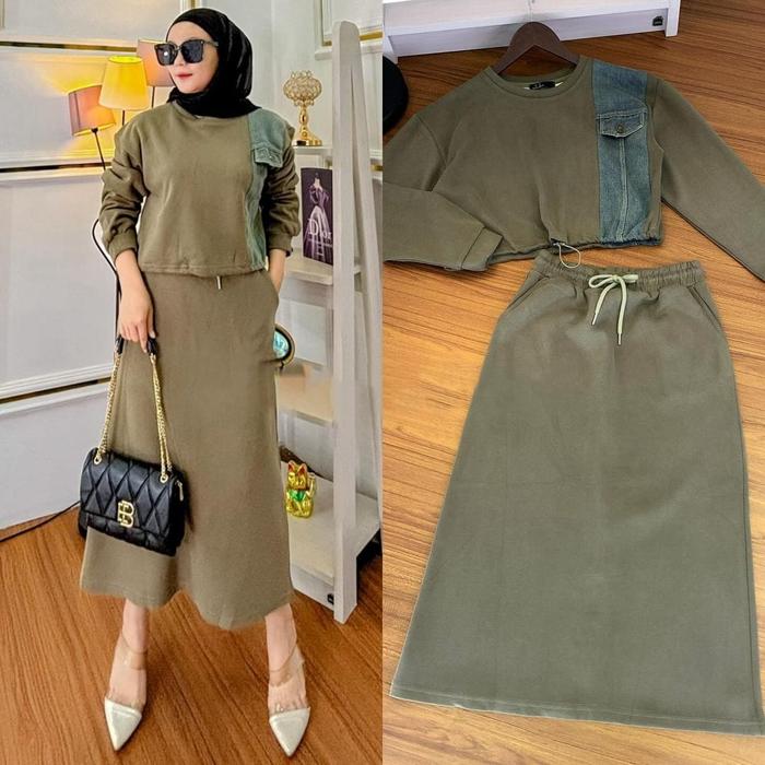 PROMO BAYAR DITEMPAT Lalisa Baju One SetRok Wanita Bahan Caramel KNIT mix Jeans Stelan Pakaian Wanit