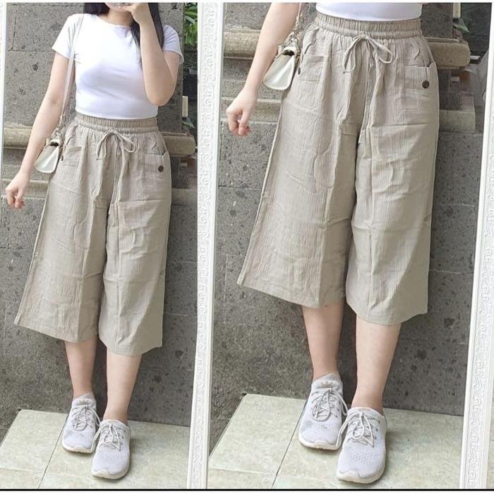 Celana Kulot 7/8 Kancing Linen Kekinian Karet Nyaman Santai Standar Jumbo Short Pendek Dewasa Katun 
