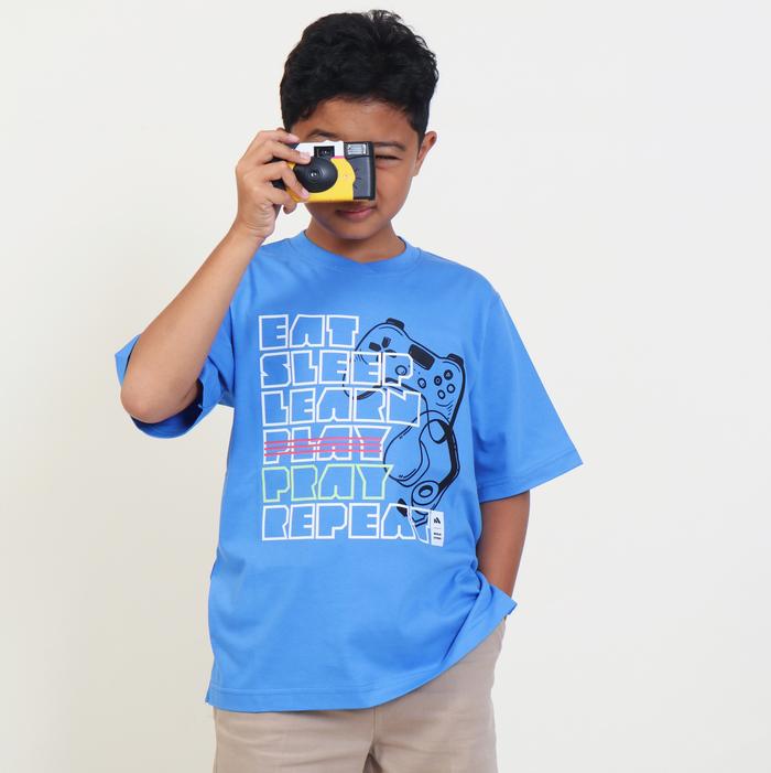 [MUZLIO] Kaos Anak Muslim Oversized -Eat Sleep Learn Pray - Seri Bijak Bermain Game - Sonic Blue