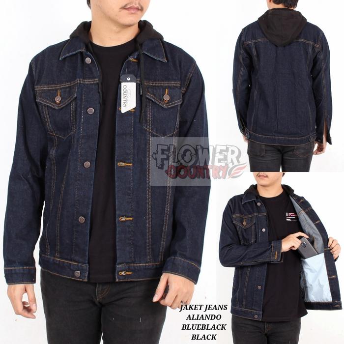 jaket jeans denim hoodie Aliando  model kancing 1 pria-distro flower country Kerah Nyaman