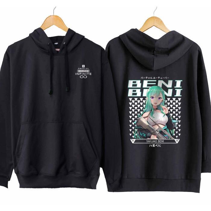 Jaket hoodie infinite anime vtuber YAKUMO BENI - VSPO material cotton fleece - Hitam, M