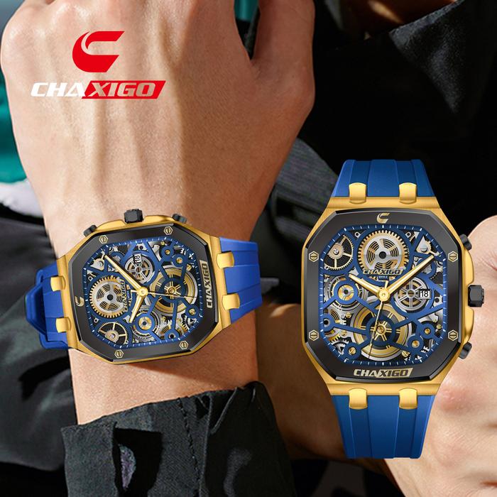 Jam tangan olahraga pria, CHAXIGO, tali silikon, dial persegi, desain roda gigi rangka, tahan air, c