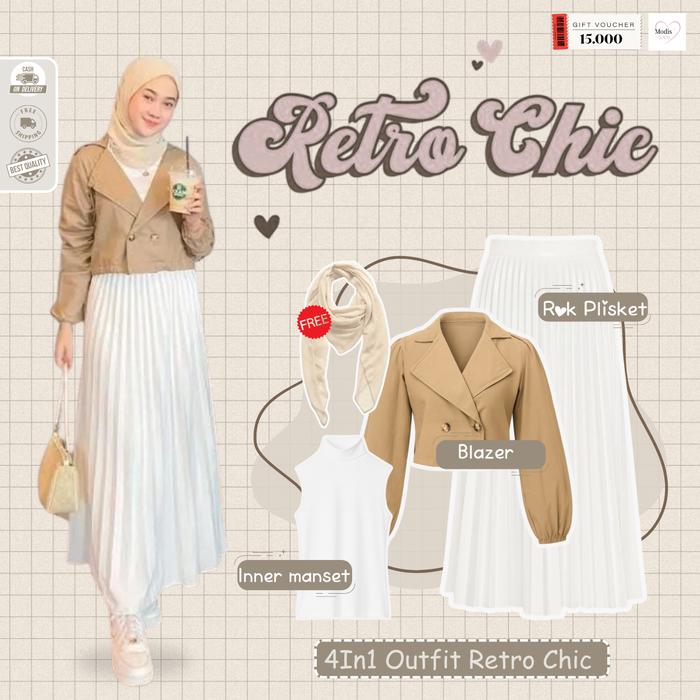 Modis - One Set Rok Remaja Berhijab  Casual  | Inner Manset Putih , Adara Blazer Coksu, Rok Plisket 