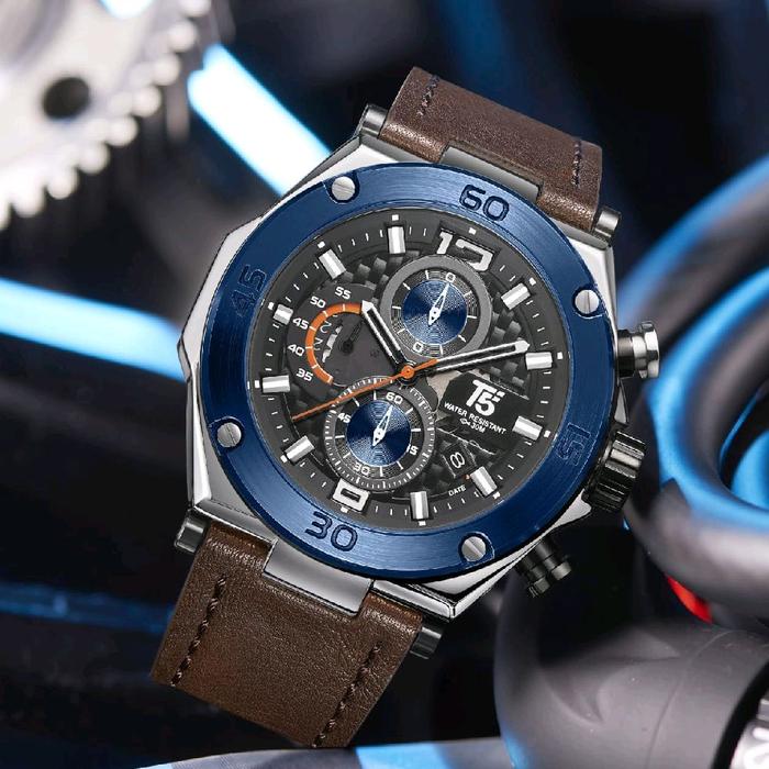 T5 Jam Tangan Kulit Asli H 3881G Original Case Diameter 46mm Chronograph Stopwatch Tali Kulit 26mm T
