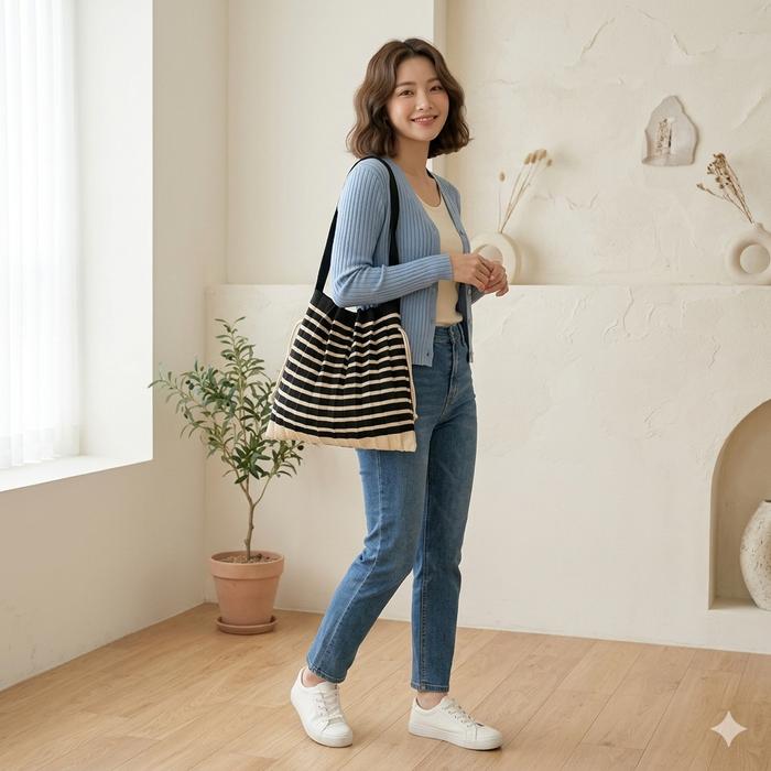Tas Pleats Korea Jinjing Stripe Totebag Bahu Mama Selempang Lipit - Wanita bag  shoulder