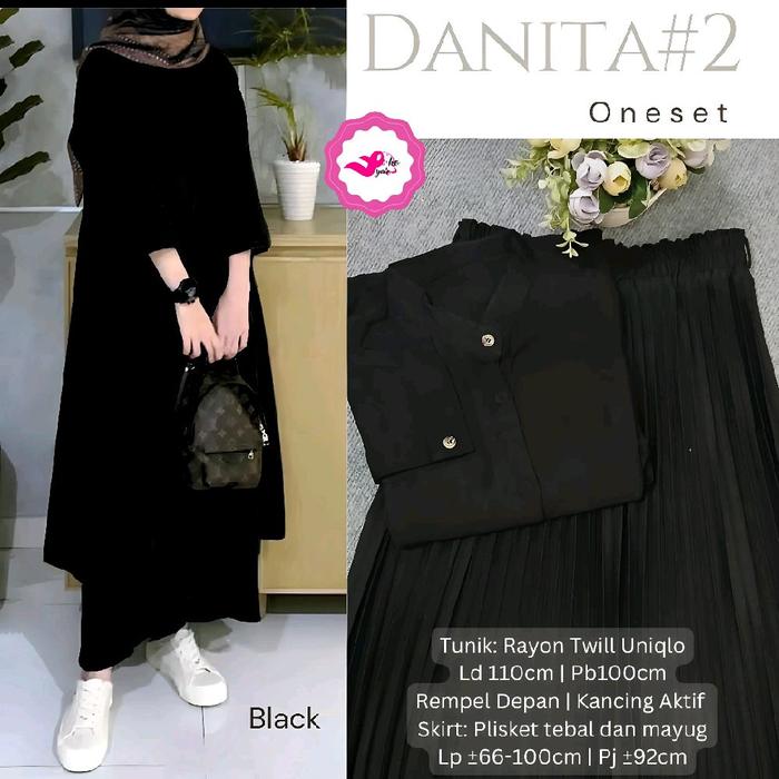 Danita #2 One Set Hitam Setelan Tunik Skirt LD 110 Rayon Twill Uniqlo Mix Plisket Tebal Premium Real
