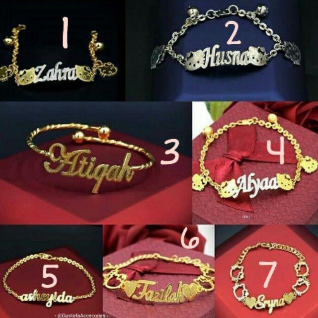 BRACELET GELANG TANGAN BANGLE RANTAI TITANIUM LAPIS EMAS CUSTOM NAMA HURUF ANIMASI LOGO WANITA DEWAS