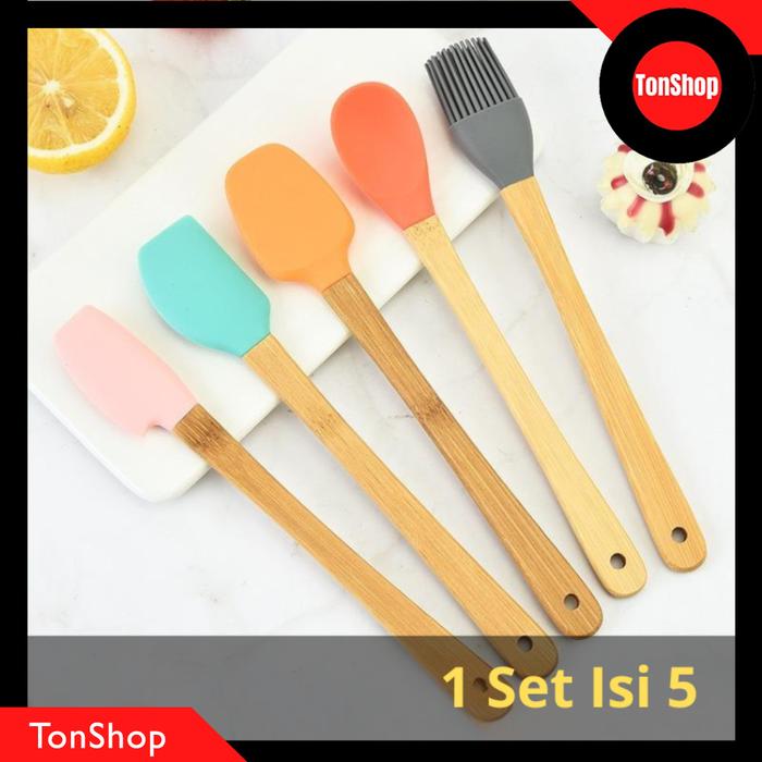 Spatula Set 5 in 1 Mini Gagang Kayu / Spatula Silikon Tahan Panas / Spatula Set Silikon Tahan Panas