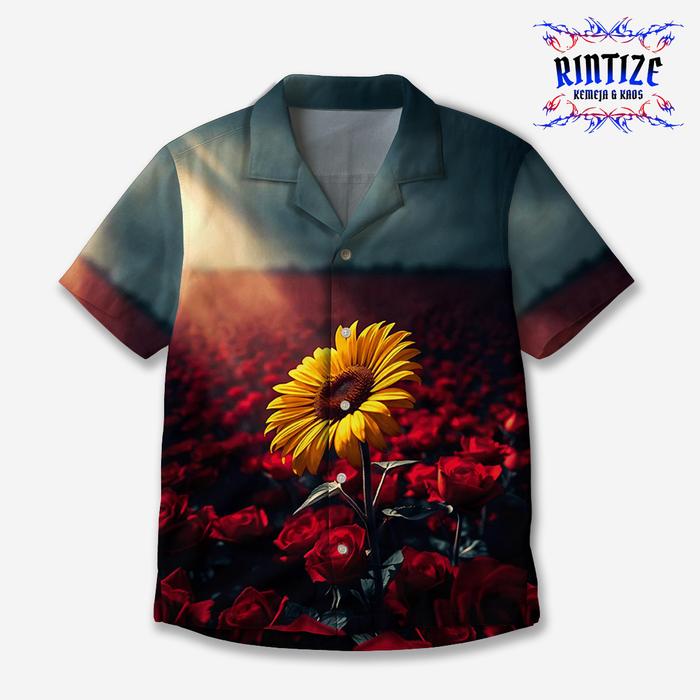 RINTIZE Kemeja Motif Bunga Matahari di Ladang Mawar β Kemeja Unisex Romantis Artistik Alam Merah Kun
