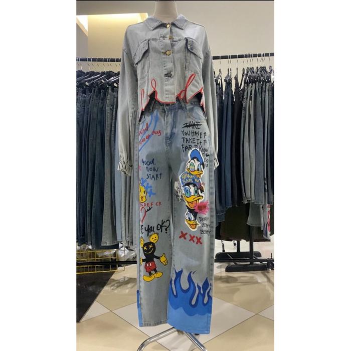 celana jeans denim art lukis painting donald duck mickey disney