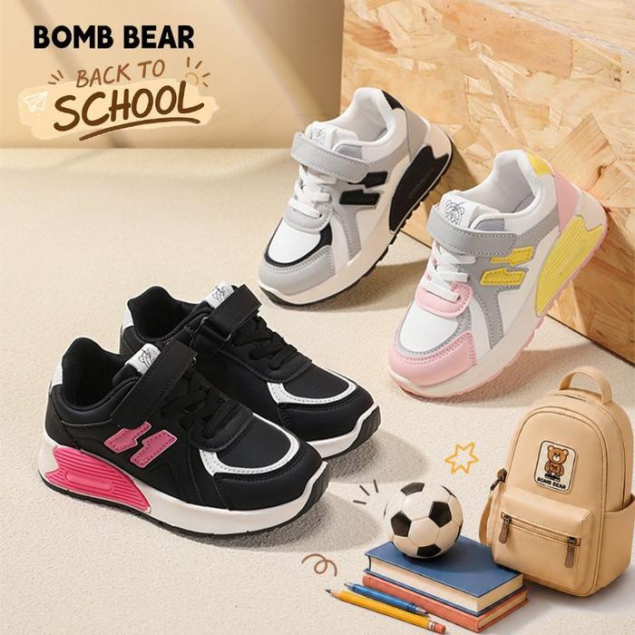 Bomb Bear Sepatu Sneakers Anak Laki Laki Back to School TK SD Hitam Pink Sporty YN-XYY6305