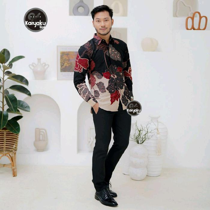 M L XL XXL ATASAN KEMEJA BATIK PRIA COWOK LENGAN PANJANG PREMIUM KATUN WARNA HITAM KOMBINASI COKSU B