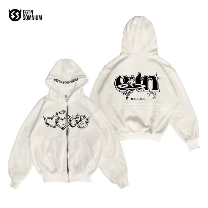 Hoodie Boxy Putih Full Zipper Sweatshirt Oversize Unisex Bahan Nyaman 100% Cotton Fleece Jaket Vinta