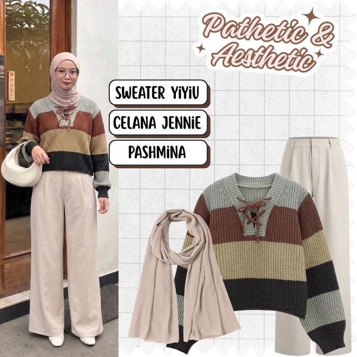 Oneset Remaja Simple Kekinian | Sweater Rajut + Celana Jennie + Pashmina | Daily Hijab Outfit -AR168