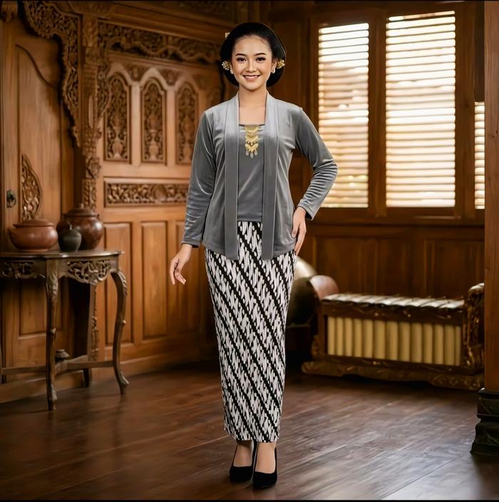 Kebaya Kutubaru Bludru Rok Plisket Batik Modern Jumbo Kancing Depan Baju Kondangan Wisuda Lamaran Tu