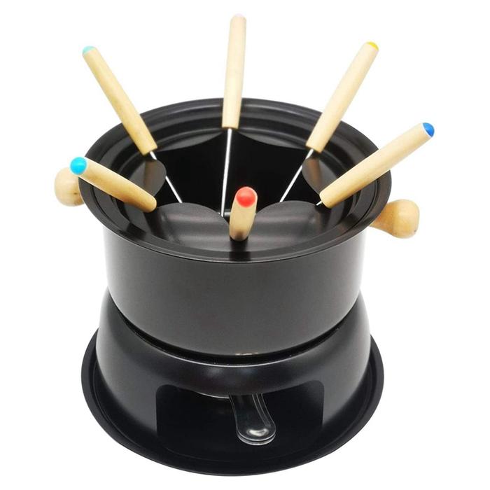Set panci Fondue baja tahan karat Mini, Fondue coklat keju 6 garpu