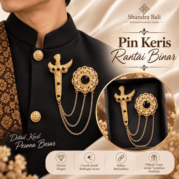 Shandra Bali - Pin Keris / Kris Bros Model Bunga Permata untuk Pria Alpaka Wedding Nganten Bali