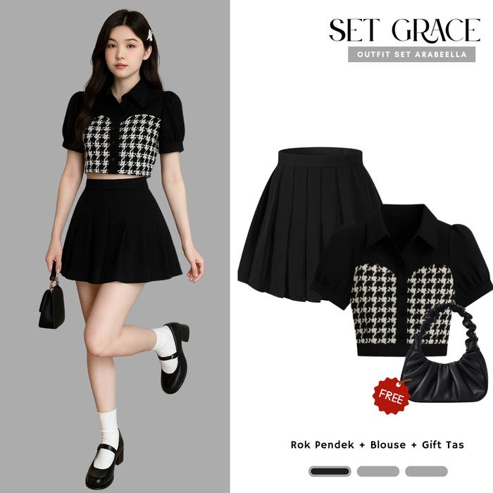 Setelan Wanita Grace / Rok Mini Pendek / Atasan Blouse / Free Gift Tas / One Set Korean Style / Outf