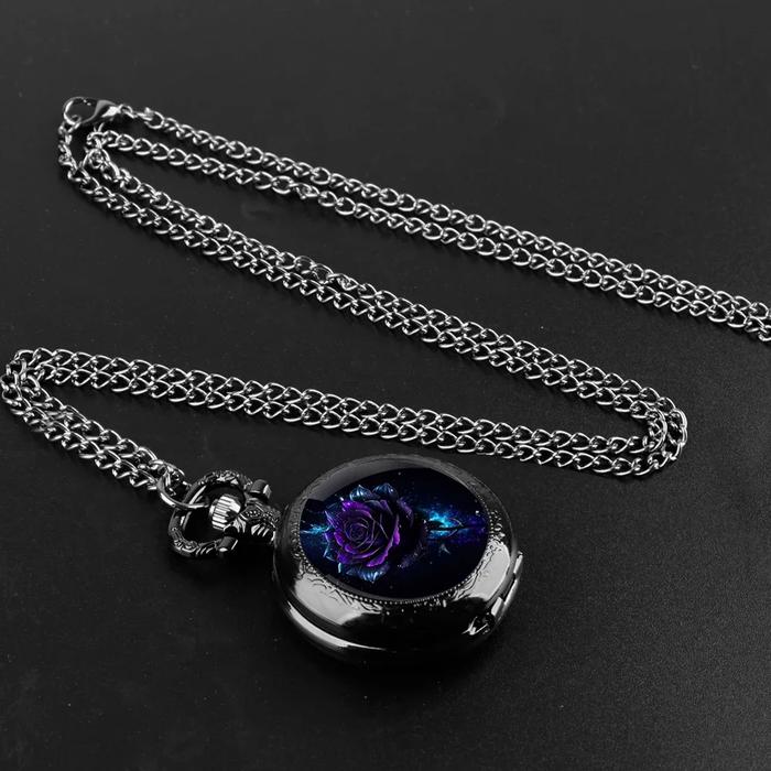 IMPORT Vintage Rose Design Glass Dome Quartz Pocket Watch with Chain Fashion Accessory Necklace Cloc