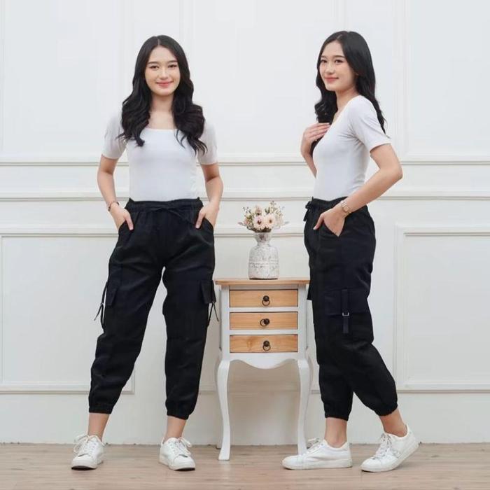Celana Joger Cargo Tactical Wanita Panjang / Cargo Pants Tali / Saku Samping / Size Jumbo sampai 84 