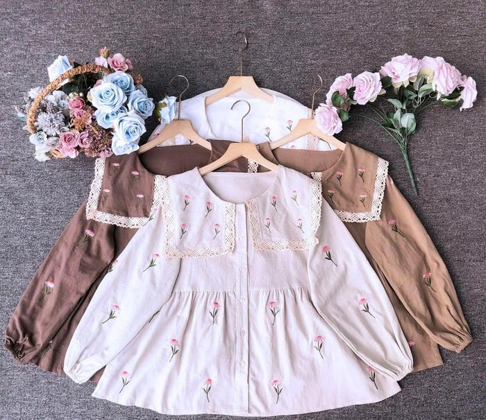 Atasan blouse kemeja linen bordir renda // Blouse Linen // Colar Blouse // Atasan Wanita Linen