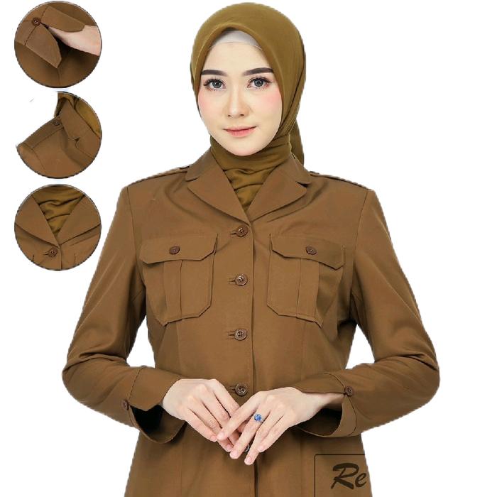 pemda Kantong 2 dada rebonia pdh coklat tua rok A baju kerja pns asn guru kheki tua K2 rok A Blazer 