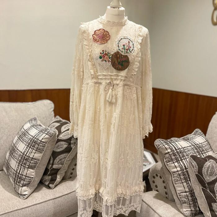 Vintage Japanese Mori dress lace Midi Wanita