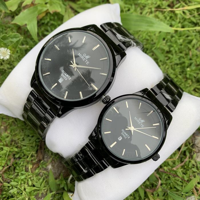 Jam tangan mirete high class rantai hitam plat hitam SH53 classic couple tanggal aktif Watches cewe 