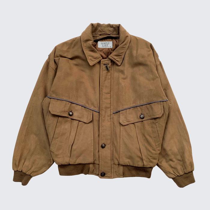 Brown Suede Vintage Simple Life Two Big Pocket Bomber Flight Jacket - Unisex - M