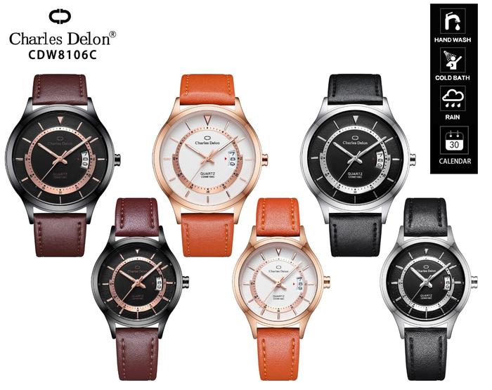 Jam Tangan Couple Kulit Tanggal Anti Air Charles Delon CDM-CDW 8106C - Quartz, Watches
