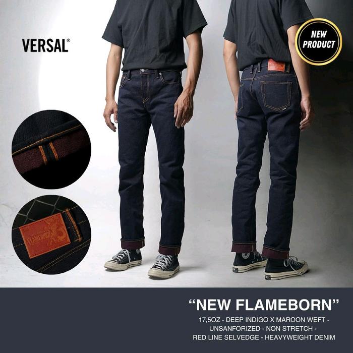 VERSAL THE FINEST - NEW FLAMEBORN 17,5 OZ INDIGO X MAROON WEFT UNSANFORIZED SELVEDGE DENIM