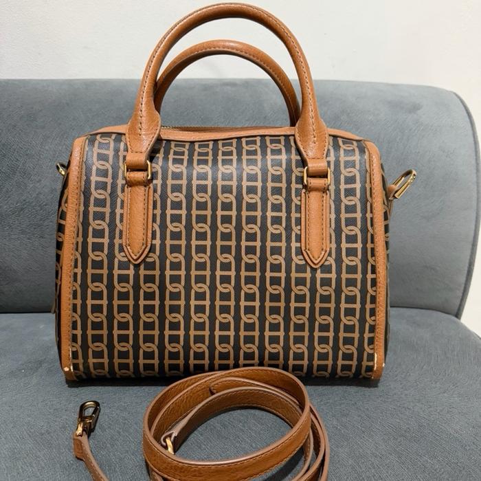 FOSSIL Satchel Boston Bag Monogram Brown Original Tas Wanita Shoulder & Sling Bag (Preloved)
