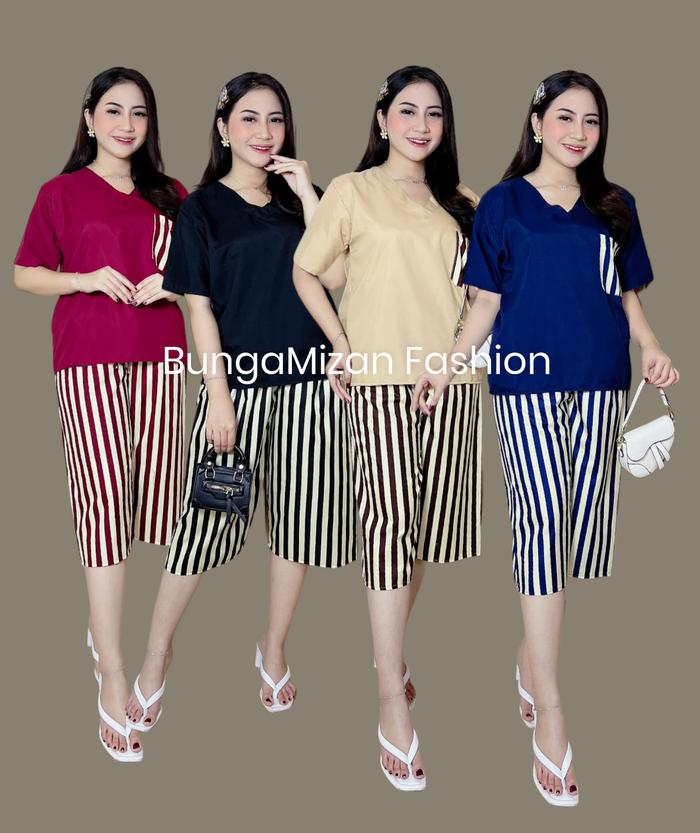 Setelan Andin Kombinasi Salur Polos - One Set Andin Terbaru