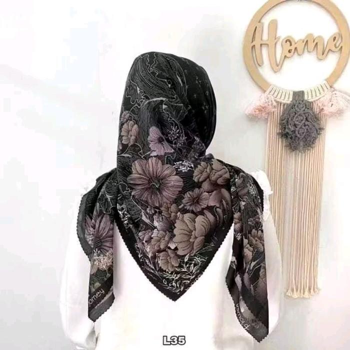 Jilbab Segiempat Voal Premium Lasercut Motif Bunga timbul Hitam Wanita Muslim cantik Nyaman Segi Emp