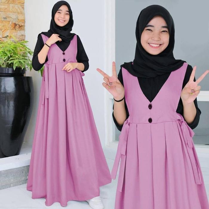 Busana Muslim Anak Wanita Usia 9-18 Tahun Avela Set Overall + Inner Bahan Katun + Spandek All Size F