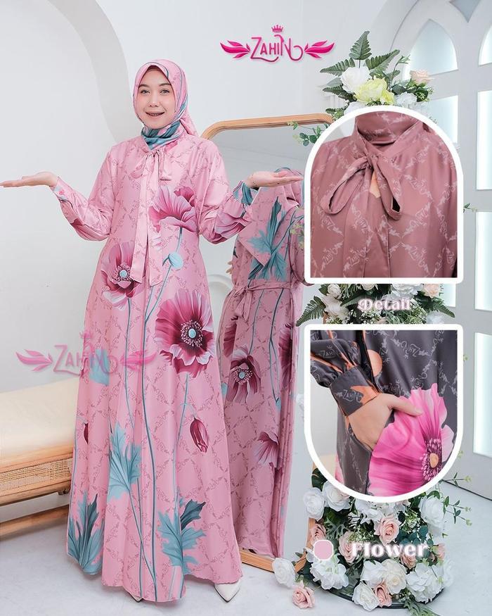 Gamis Flower Set Hijab Ori Zahin Bahan Rossy Silk Premium Full Motif Cantik Lebaran