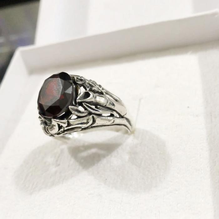 Cincin ring perak silver bali 925 bambu batu merah garnet Onyx natural