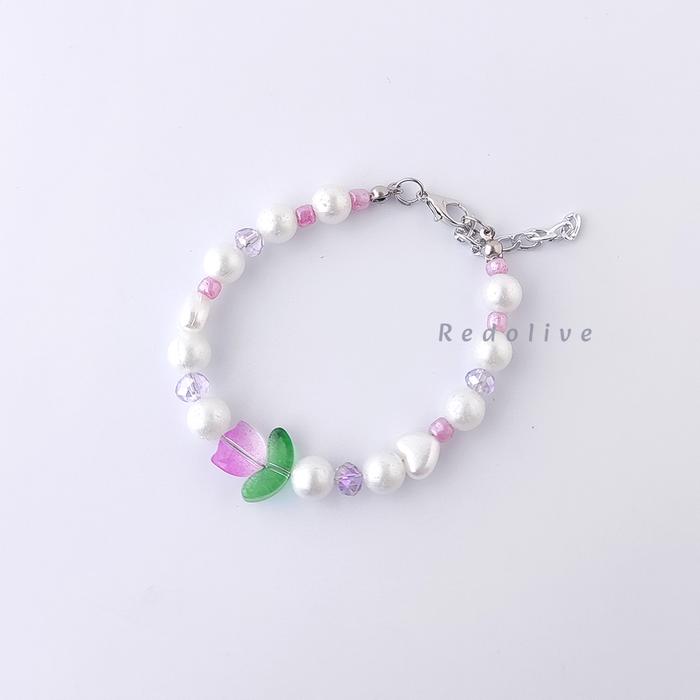 Gelang Bunga Tulip Kaca Variasi Mutiara Sintetis Gelang Kristal Warna Crystal Bracelet Chain