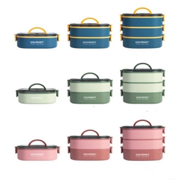Kotak Bekal Lunch Box Stainless 1400ML 2 Susun + 1 Sendok Kotak Makan Rantangan 2 Susun  -LBX A19