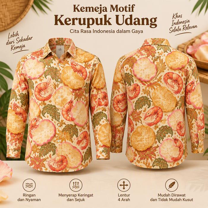 Kemeja Batik Lengan Panjang Motif Kerupuk Udang 3D Warna Krem dengan Corak Udang Merah, Kerupuk Emas