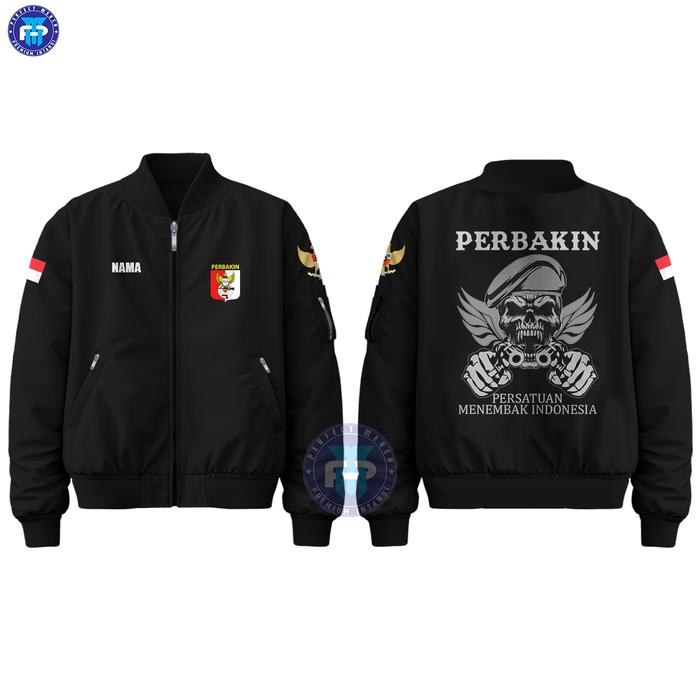 PERBAKIN Jaket Bomber Persatuan Menembak Indonesia Custom Free Nama Hitam Bahan Taslan Desain Unik L