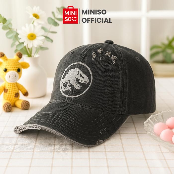 Miniso Jurassic World Ripped Denim Baseball Cap Mesh Denim Topi Pria Wanita Dewasa Motif Ripped Deni