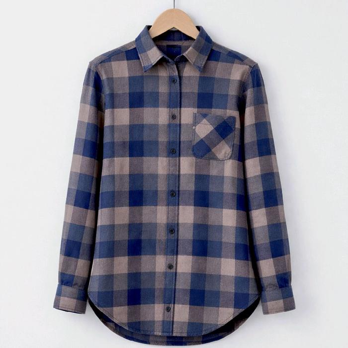 Kemeja Flanel Wanita Lengan Panjang Kotak-Kotak Crew Neck Motif Nyaman Atasan Baju Casual Oversize L