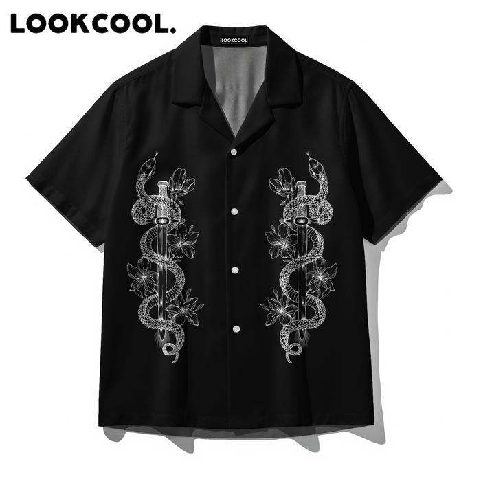 LOOKCOOL Kemeja Snake Dagger Floral Symmetrical Front Black Unisex Desain Unik dan Artistik Premium
