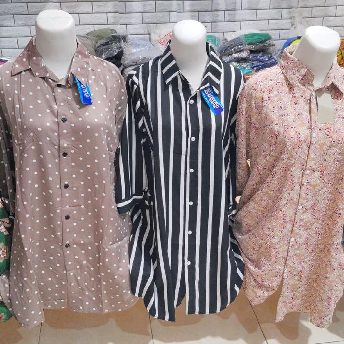 Kemeja Tunik Wanita Motif Polkadot & Garis Hitam Putih Bahan Lembut dan Nyaman untuk Sehari-hari