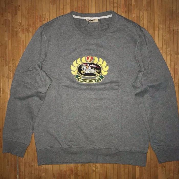 BURBERRYS LUXURY BIG LOGO EMBROIDERED DARK GREY CREWNECK SWEATER SWEATSHIRT prada thom browne