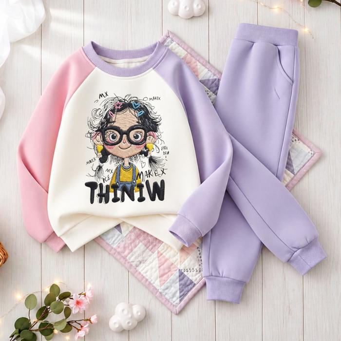 Setelan Anak Perempuan Viral Mottif 3D Thiniw Crewneck Set Joger Usia 3-14 Tahun Fashion Kids